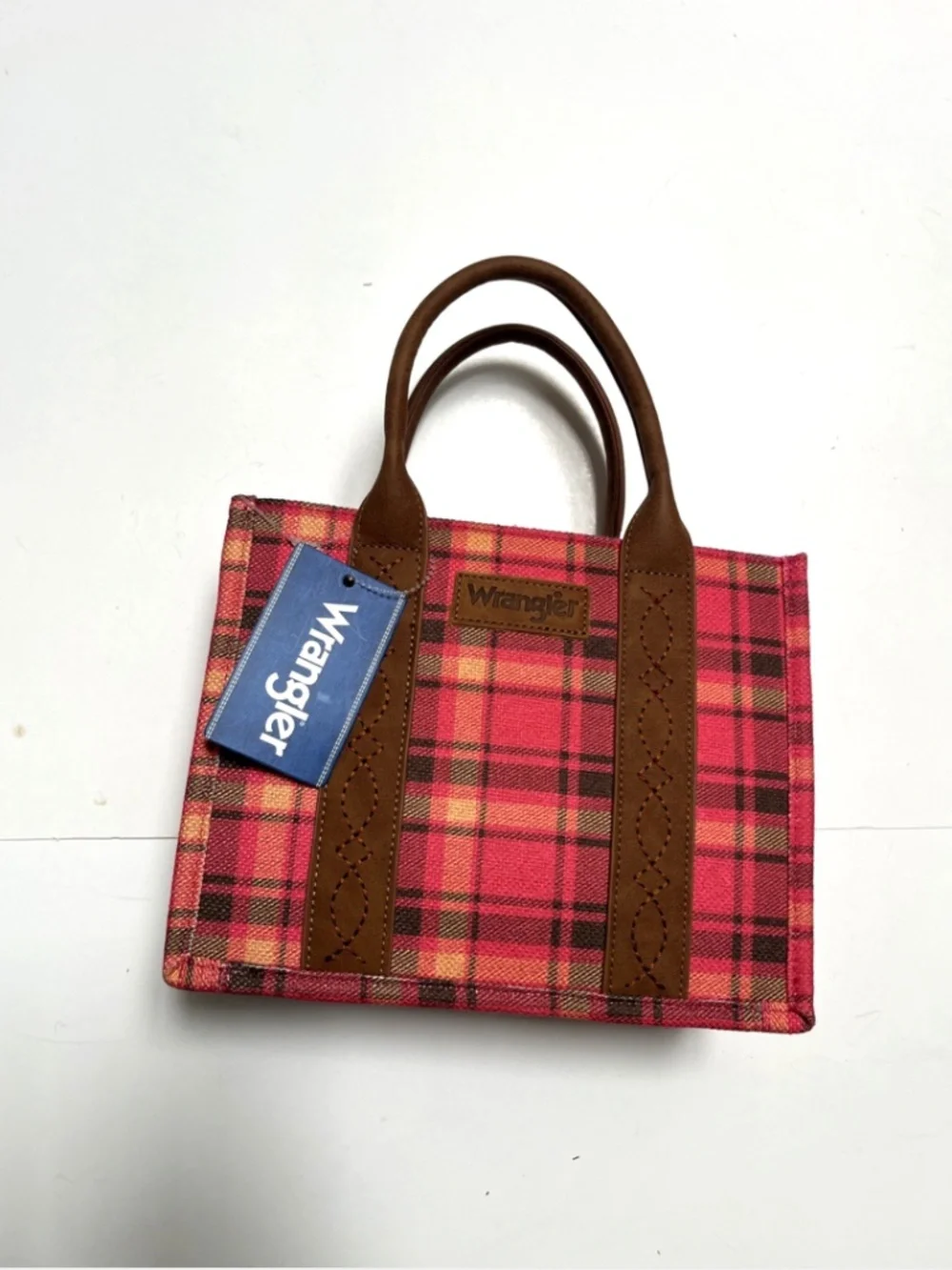 NWT Wrangler Pink Plaid Tote Crossbody Bag Canvas PU Guitar Strap Western Tartan